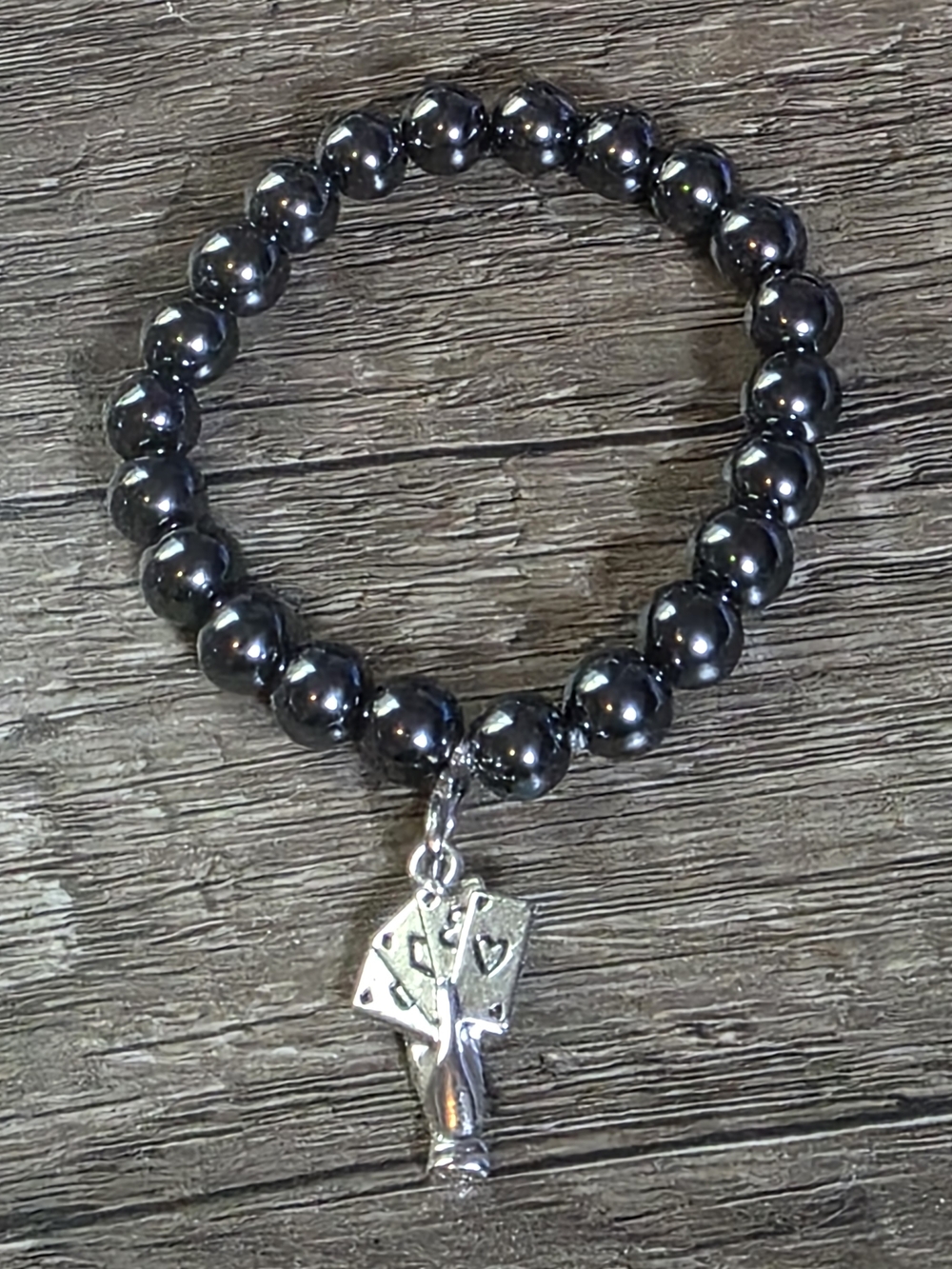 Hematite Beaded Stretch Bracelet with Playing Cards Charm